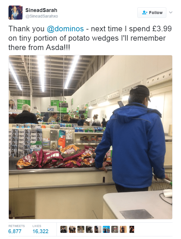 Ein Mitarbeiter von Domino's wurde beim Kauf von Kartoffelspalten bei Asda erwischt